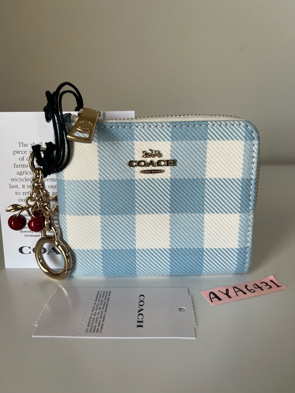 Coach Small Corner Zip Wallet With Gingham Print And Charms🎈🎈